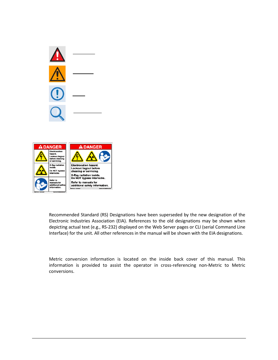 Warnings, cautions, and notes, Examples of multi-hazard notices, Recommended standard designations | Metric conversion | Comtech EF Data ODM-840 User Manual | Page 18 / 184