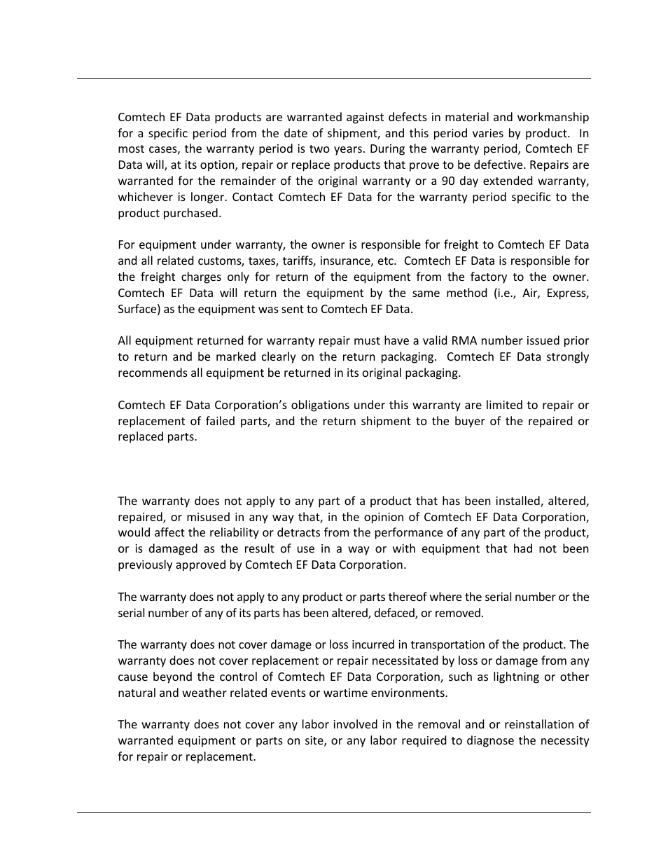Warranty policy, Limitations of warranty | Comtech EF Data ODM-840 User Manual | Page 22 / 184