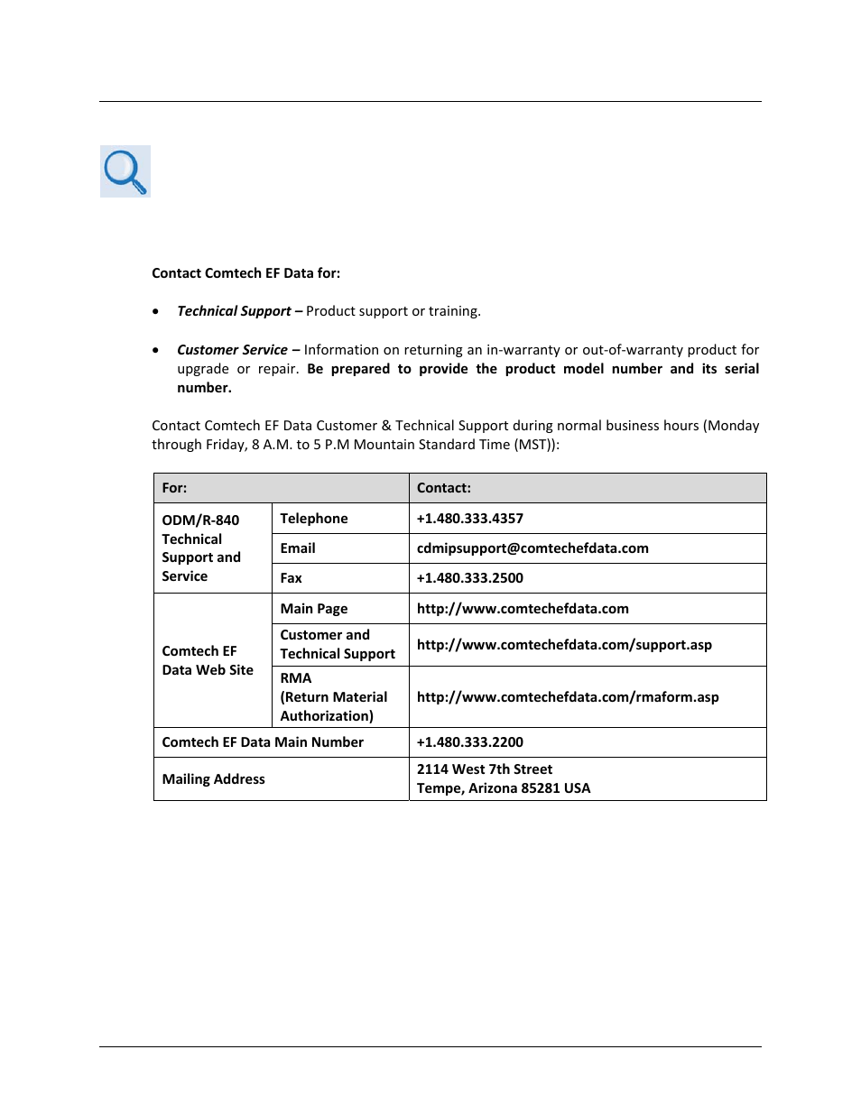 Getting help, Contacting comtech ef data | Comtech EF Data ODM-840 User Manual | Page 24 / 184