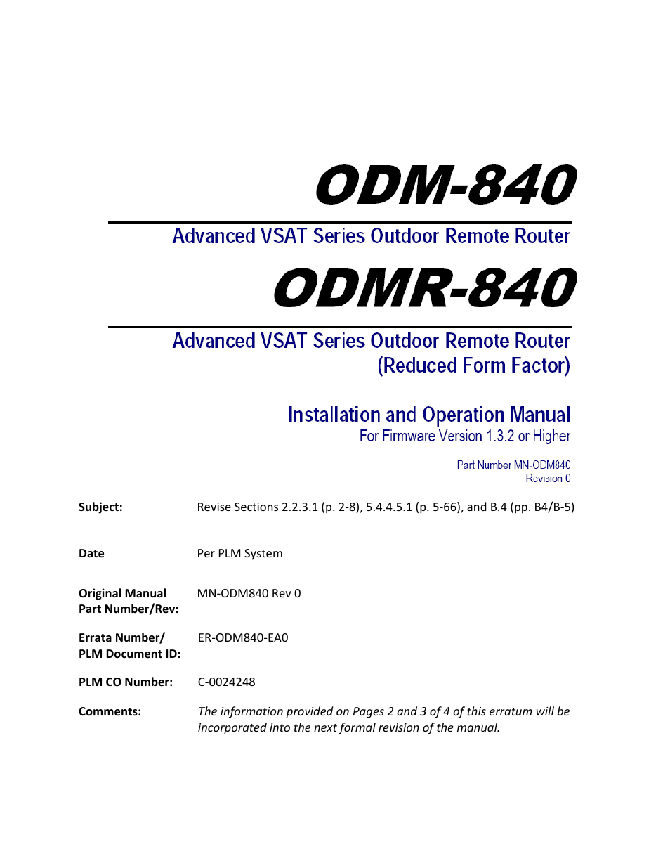 Errata a, Comtech ef data documentation update | Comtech EF Data ODM-840 User Manual | Page 3 / 184
