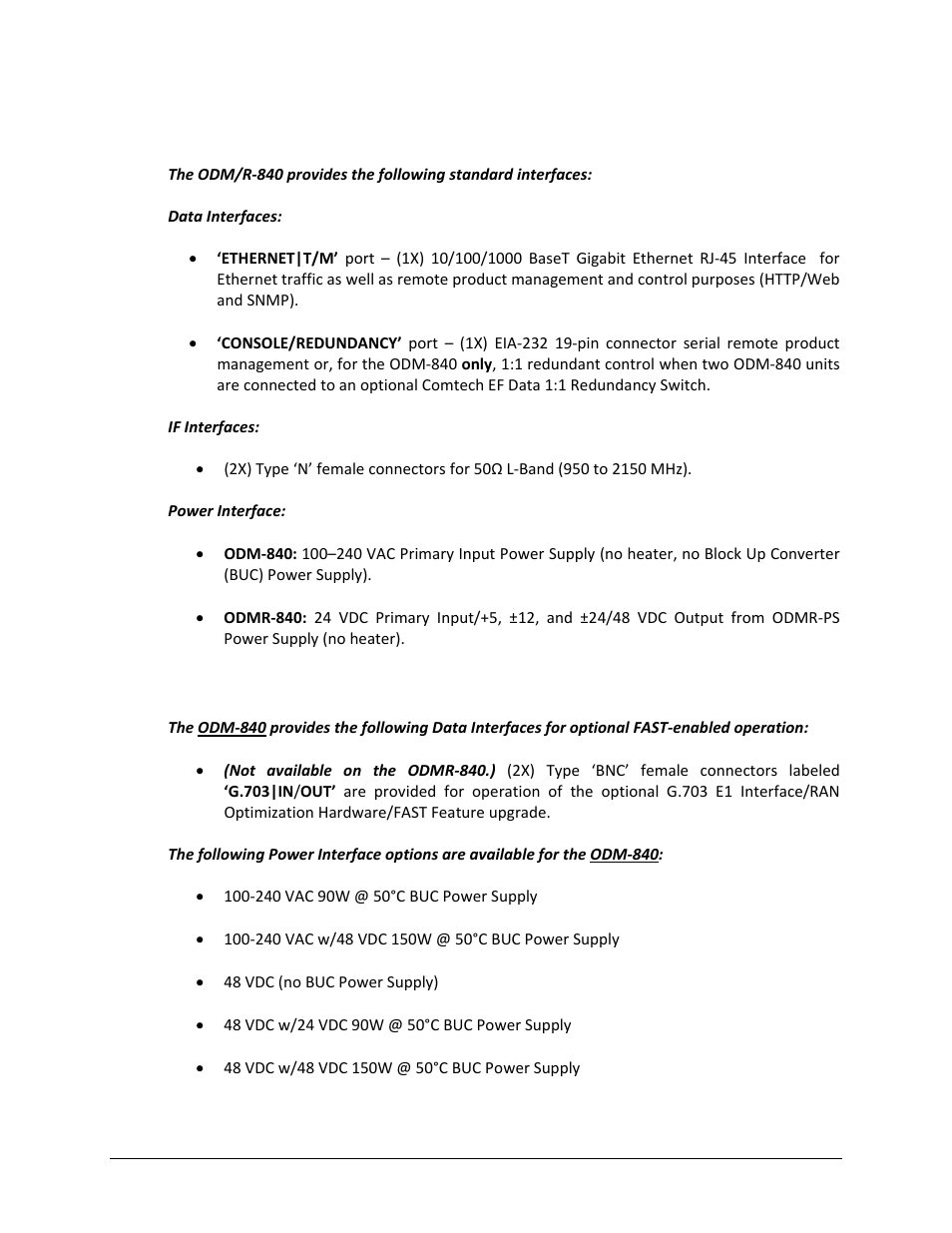 1 odm/r-840 connectors panel – standard features, 2 odm-840 connectors panel – optional features | Comtech EF Data ODM-840 User Manual | Page 35 / 184