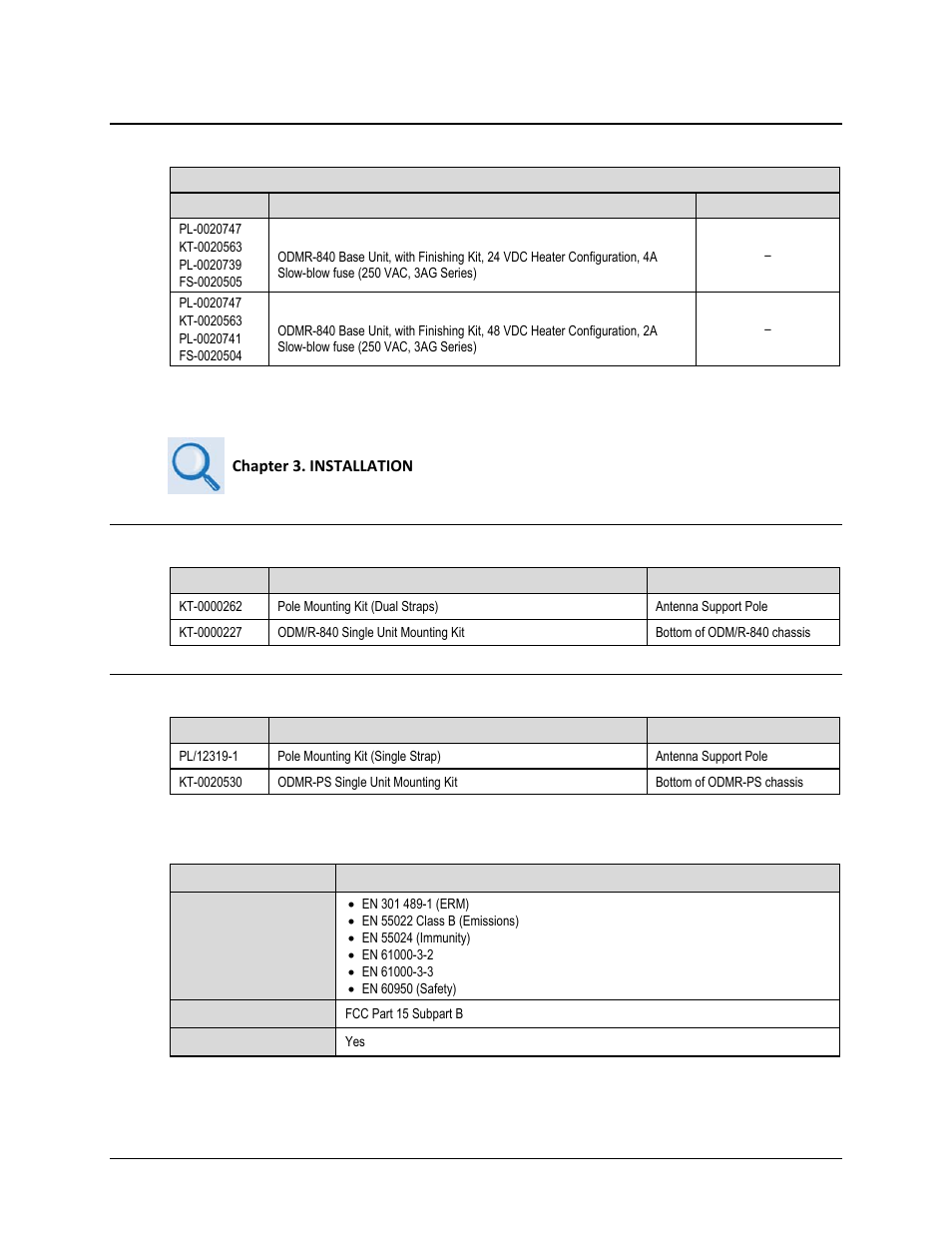 5 installation kits, 1 odm/r-840 installation kits, 2 odmr-ps installation kits | 6 regulatory compliance | Comtech EF Data ODM-840 User Manual | Page 40 / 184