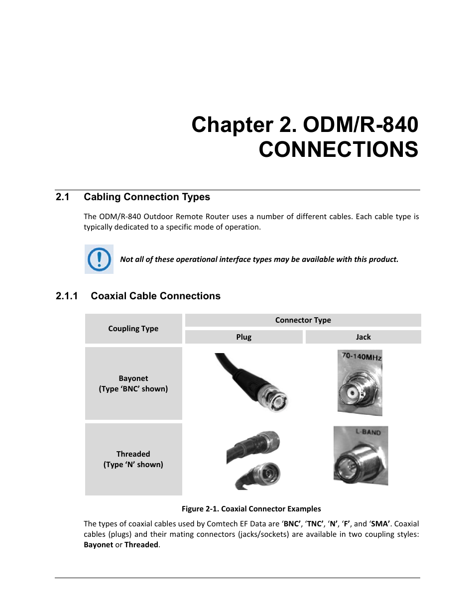 Chapter 2. odm/r-840 connections, 1 cabling connection types, 1 coaxial cable connections | Comtech EF Data ODM-840 User Manual | Page 41 / 184