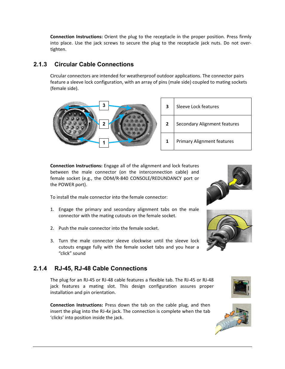 3 circular cable connections, Rj-45, rj-48 cable connections | Comtech EF Data ODM-840 User Manual | Page 44 / 184
