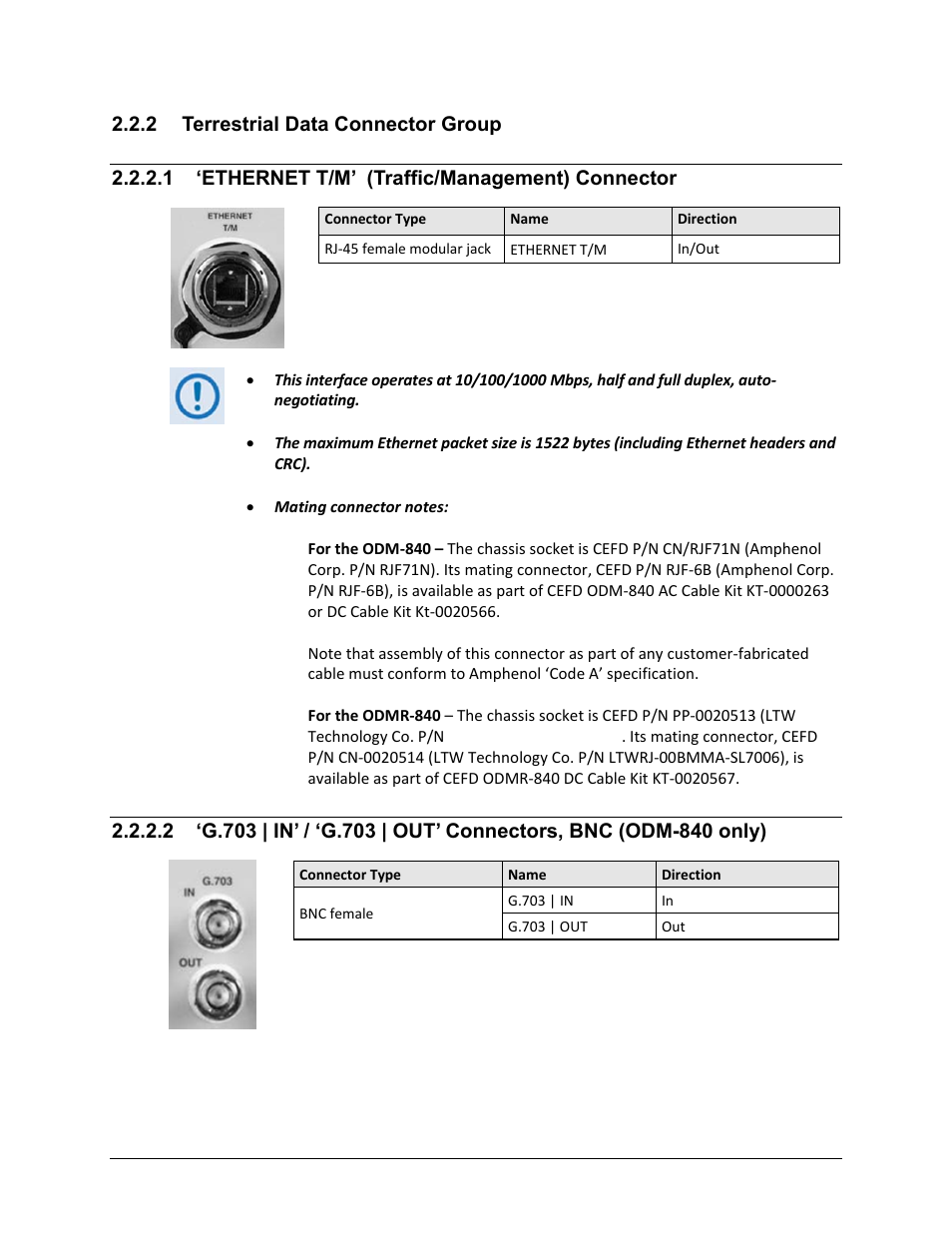 2 terrestrial data connector group, 1 ‘ethernet t/m’ (traffic/management) connector | Comtech EF Data ODM-840 User Manual | Page 47 / 184