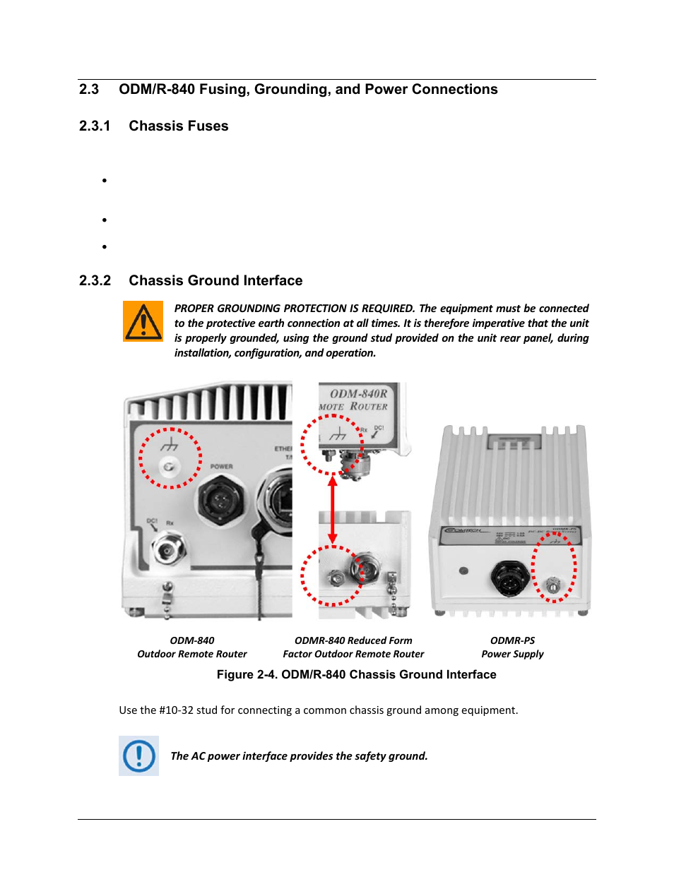 1 chassis fuses, 2 chassis ground interface | Comtech EF Data ODM-840 User Manual | Page 49 / 184