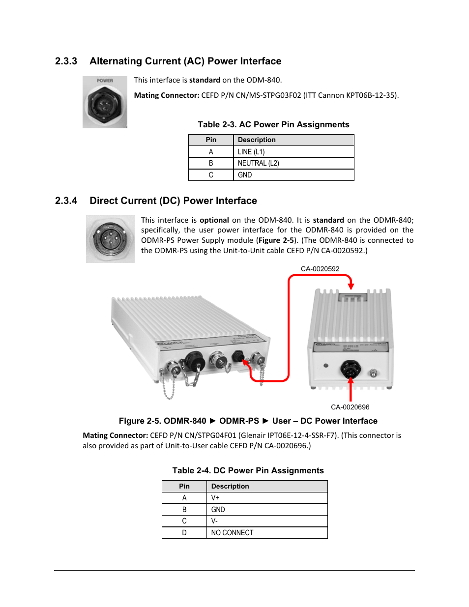 3 alternating current (ac) power interface, 4 direct current (dc) power interface | Comtech EF Data ODM-840 User Manual | Page 50 / 184