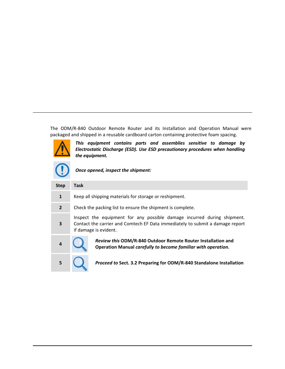 Chapter 3. installation, 1 unpacking and inspection | Comtech EF Data ODM-840 User Manual | Page 51 / 184