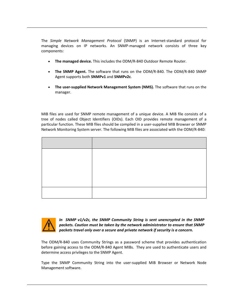 3 snmp interface, 1 management information base (mib) files, 2 snmp community strings | Comtech EF Data ODM-840 User Manual | Page 91 / 184