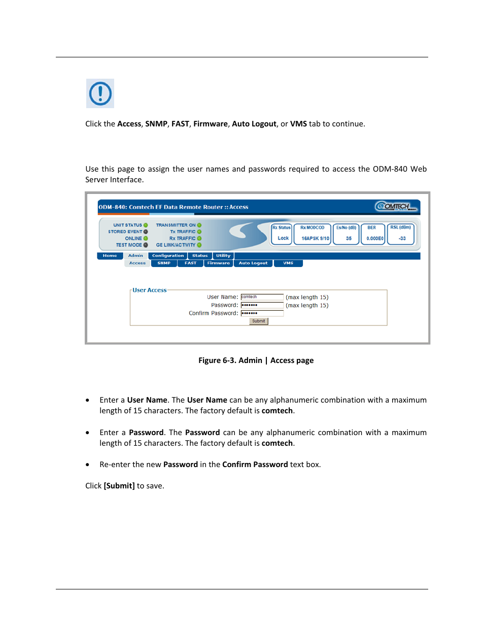 1 admin | access | Comtech EF Data ODM-840 User Manual | Page 98 / 184