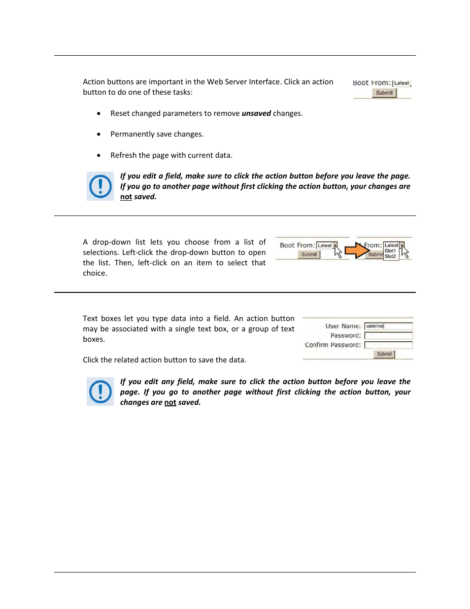 4 action buttons, 5 /drop-down lists, 6 text or data entry | Comtech EF Data CTOG-250 User Manual | Page 110 / 236