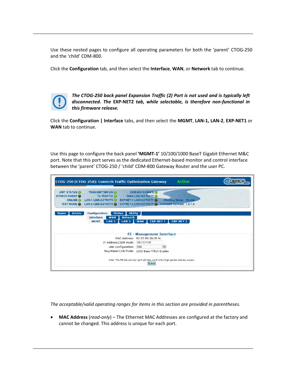 1 configuration | interface | mgmt | Comtech EF Data CTOG-250 User Manual | Page 121 / 236