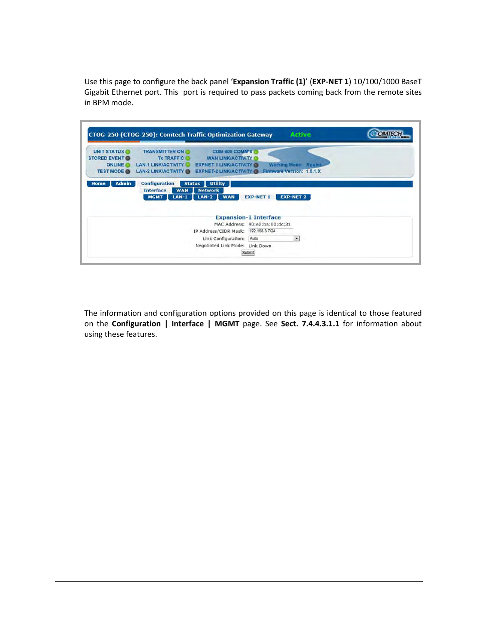 3 configuration | interface | exp-net 1 | Comtech EF Data CTOG-250 User Manual | Page 124 / 236