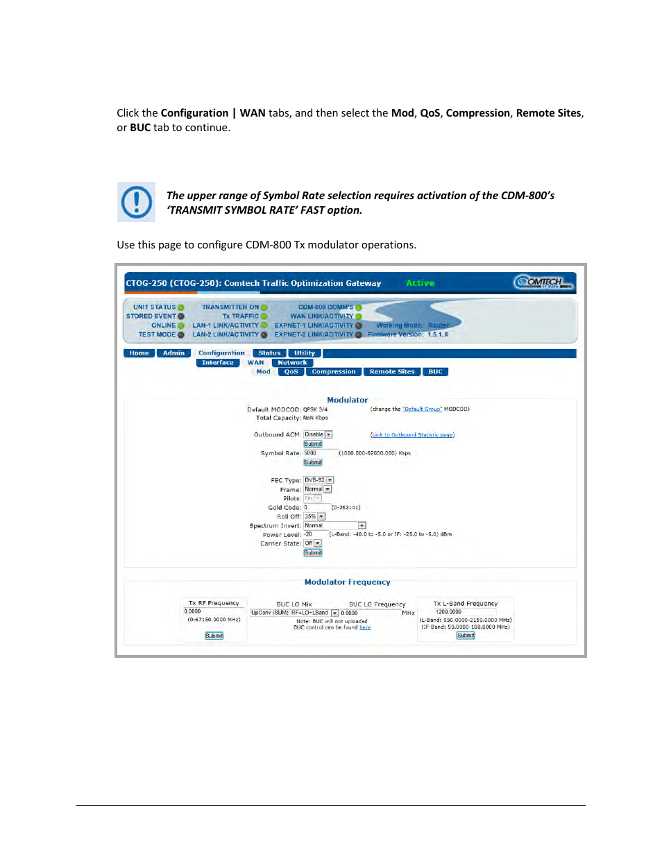 1 configuration | wan | mod (modulator) | Comtech EF Data CTOG-250 User Manual | Page 126 / 236
