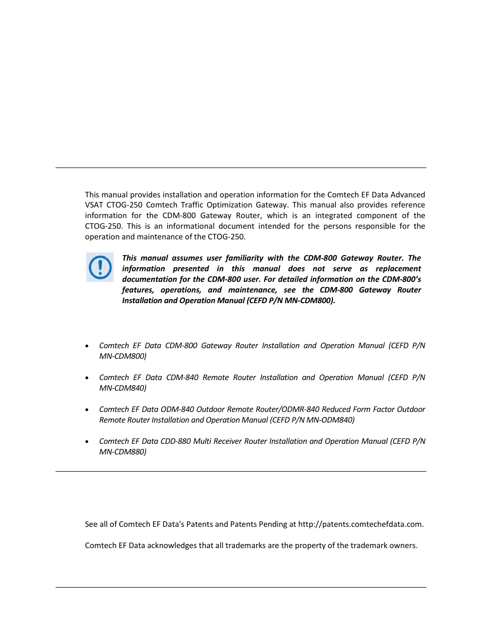 Preface, About this manual, Related documents | Conventions and references, Patents and trademarks | Comtech EF Data CTOG-250 User Manual | Page 15 / 236