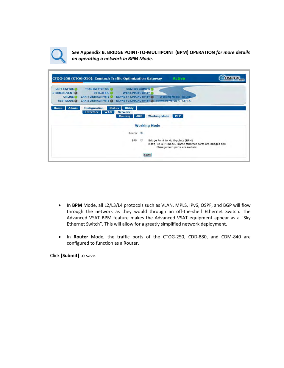 3 configuration | network | working mode | Comtech EF Data CTOG-250 User Manual | Page 155 / 236