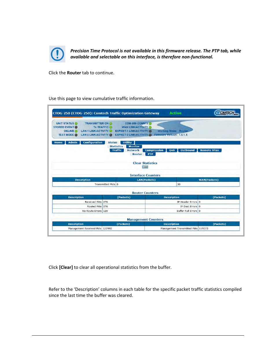 1 status | statistics | network | router | Comtech EF Data CTOG-250 User Manual | Page 158 / 236