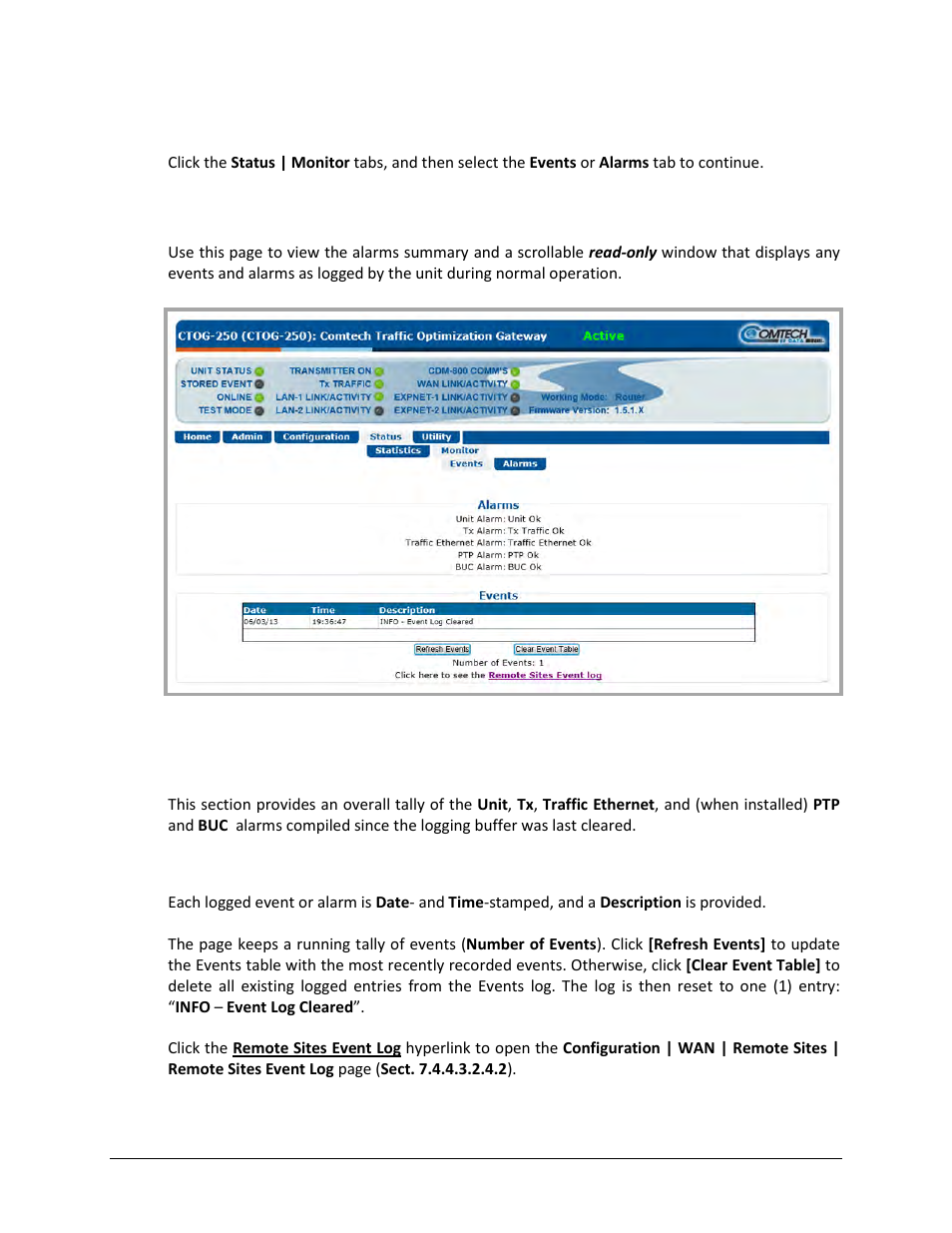 1 status | monitor | events | Comtech EF Data CTOG-250 User Manual | Page 167 / 236