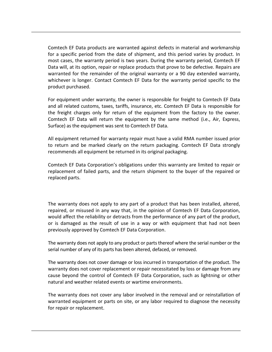 Warranty policy, Limitations of warranty | Comtech EF Data CTOG-250 User Manual | Page 20 / 236