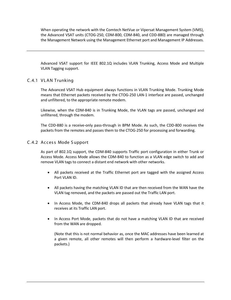C.4 ieee 802.1q support, C.4.1 vlan trunking, C.4.2 access mode support | Comtech EF Data CTOG-250 User Manual | Page 205 / 236