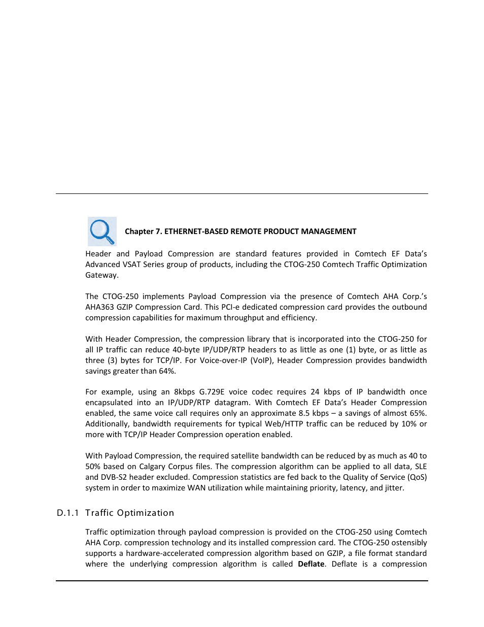 Appendix d. header and payload compression, D.1 introduction, D.1.1 traffic optimization | Appendix d. header, Payload compression | Comtech EF Data CTOG-250 User Manual | Page 215 / 236