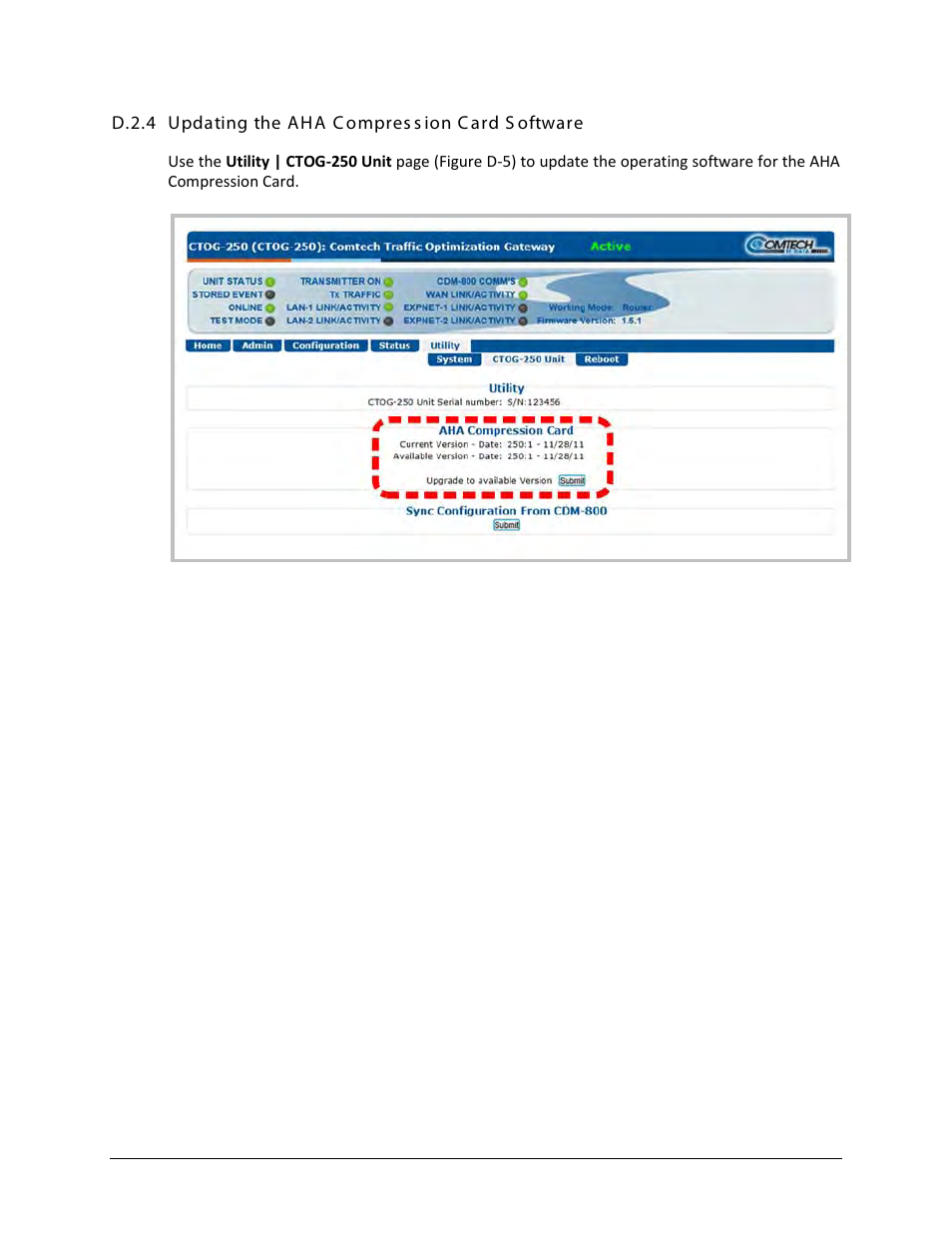 D.2.4 updating the aha compression card software | Comtech EF Data CTOG-250 User Manual | Page 222 / 236