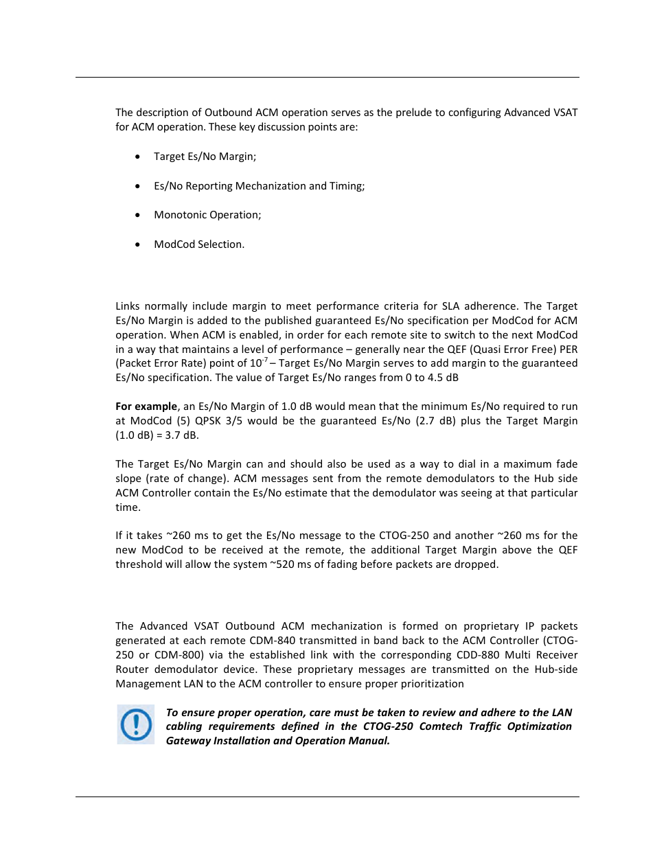E.2 advanced vsat outbound acm scheme, E.2.1 target es/no margin, E.2.2 es/no reporting mechanization and timing | Comtech EF Data CTOG-250 User Manual | Page 225 / 236