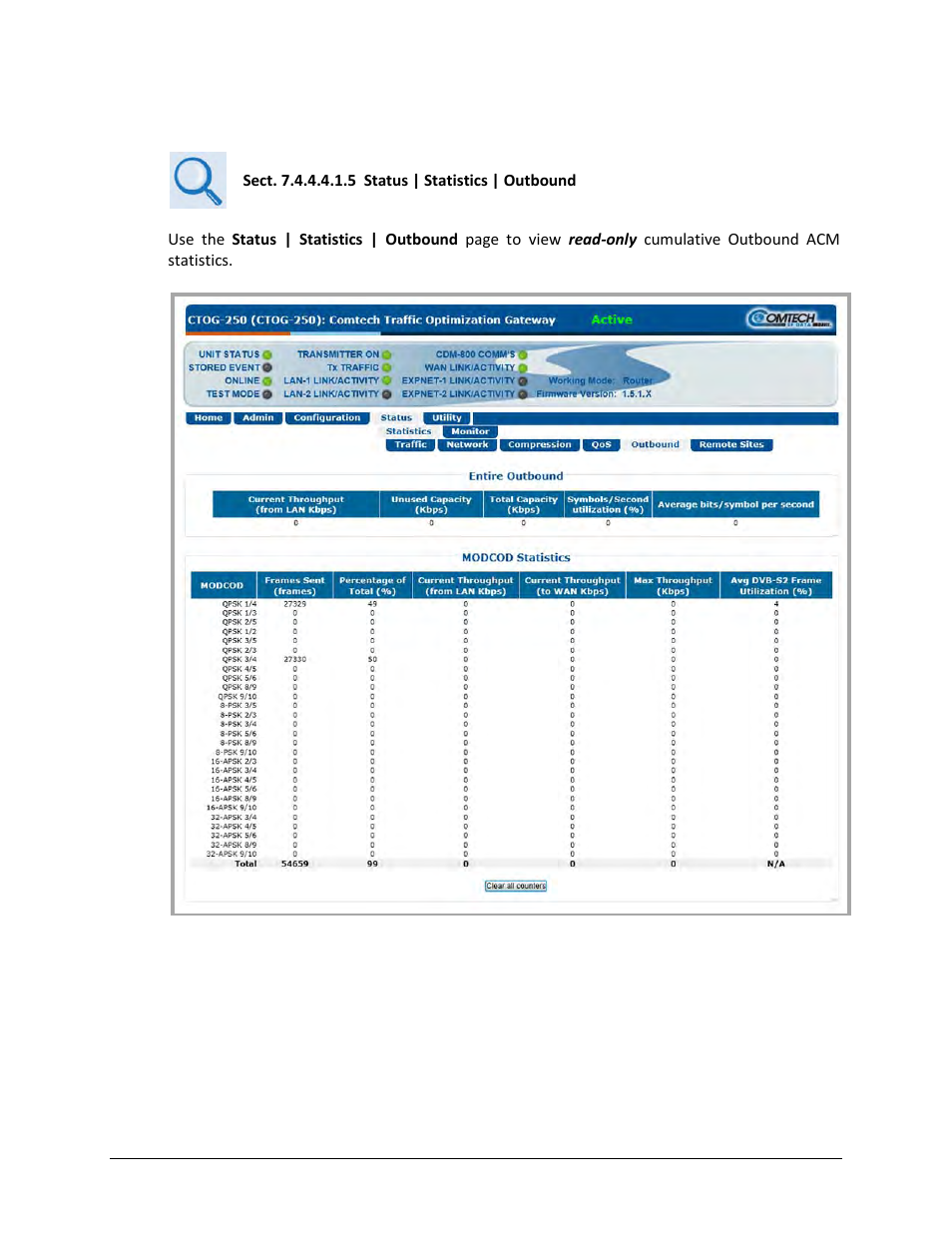 E.3.4 viewing outbound acm modcod statistics | Comtech EF Data CTOG-250 User Manual | Page 234 / 236