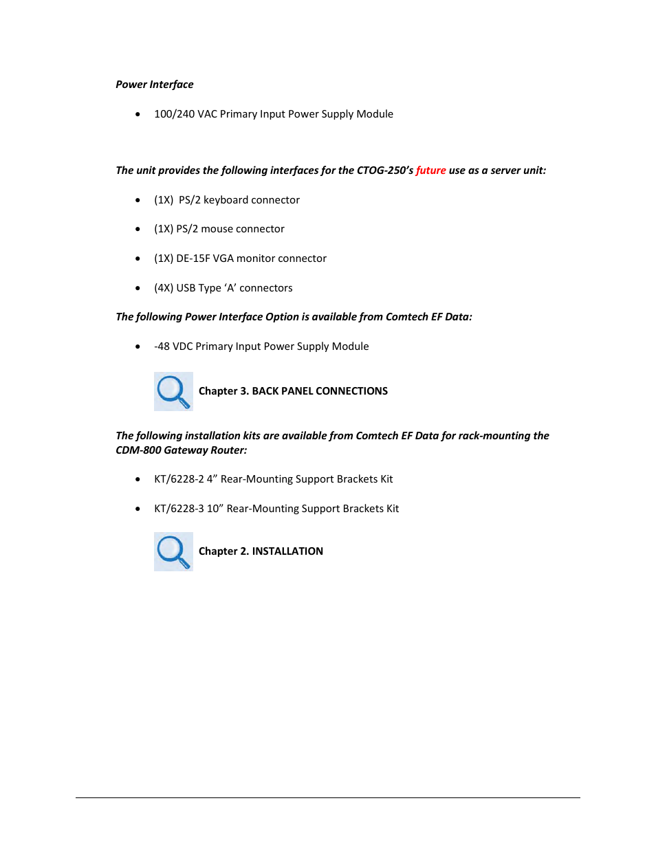 2 back panel auxiliary or optional features | Comtech EF Data CTOG-250 User Manual | Page 36 / 236