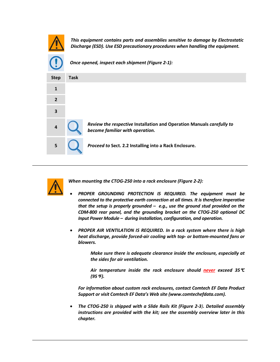 2 installing into a rack enclosure | Comtech EF Data CTOG-250 User Manual | Page 42 / 236