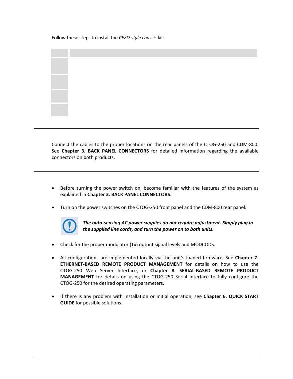 3 connect external cables, 4 configuration | Comtech EF Data CTOG-250 User Manual | Page 47 / 236