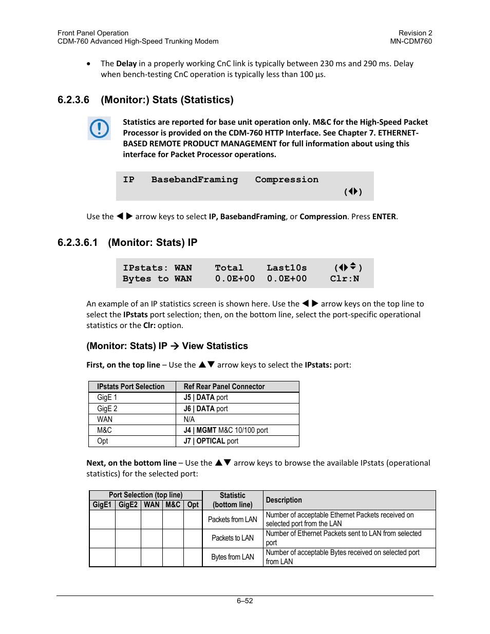 6 (monitor:) stats (statistics), 1 (monitor: stats) ip | Comtech EF Data CDM-760 User Manual | Page 138 / 416