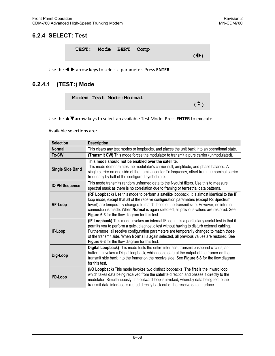 4 select: test, 1 (test:) mode | Comtech EF Data CDM-760 User Manual | Page 144 / 416