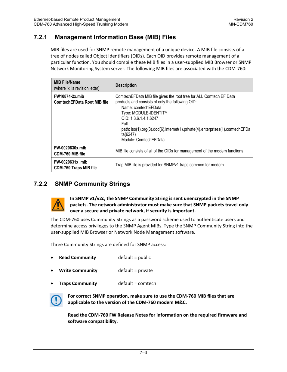 1 management information base (mib) files, 2 snmp community strings | Comtech EF Data CDM-760 User Manual | Page 161 / 416