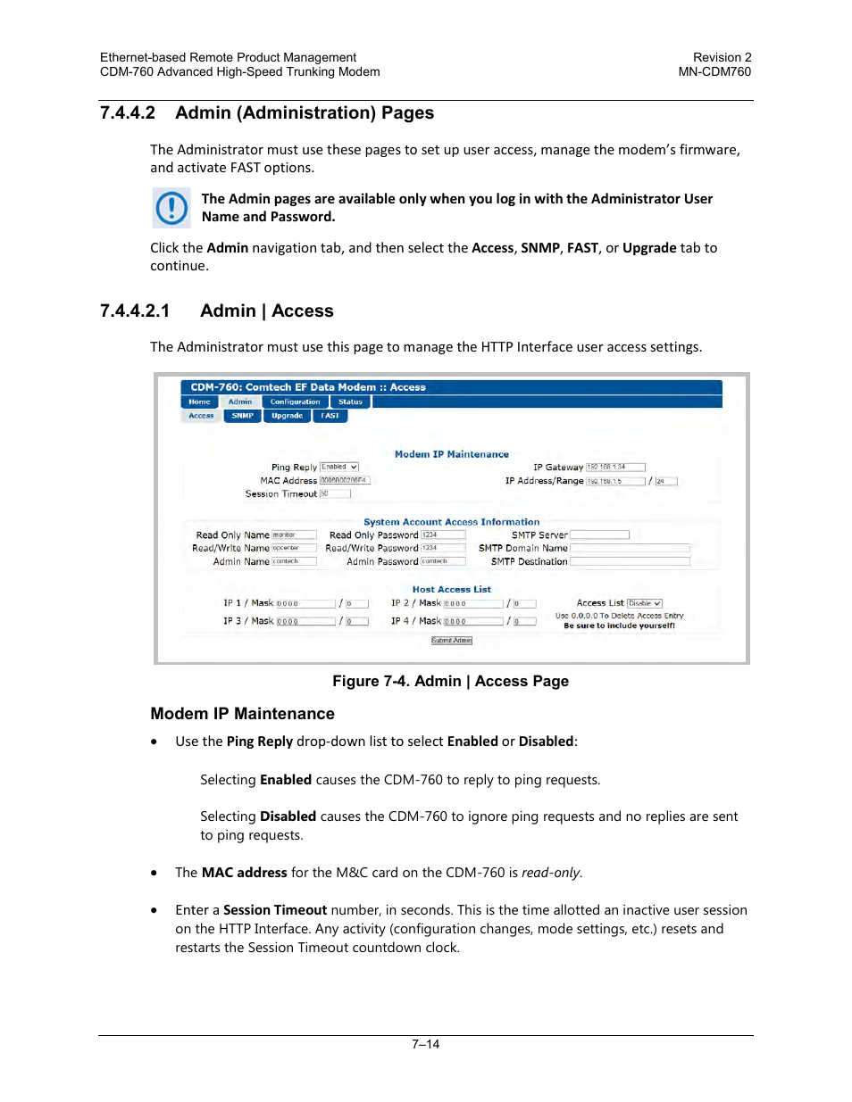 2 admin (administration) pages, 1 admin | access | Comtech EF Data CDM-760 User Manual | Page 172 / 416