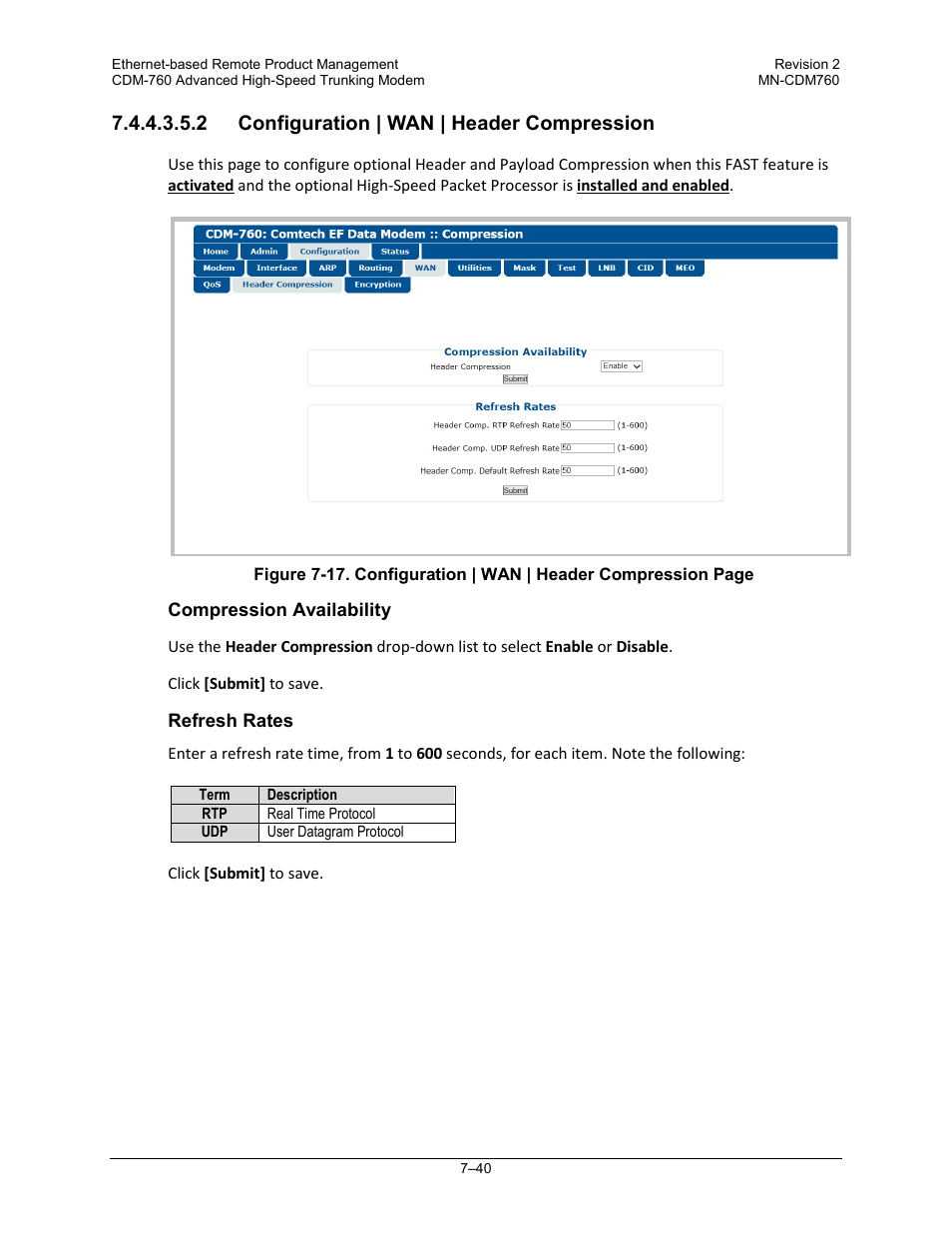 2 configuration | wan | header compression | Comtech EF Data CDM-760 User Manual | Page 198 / 416