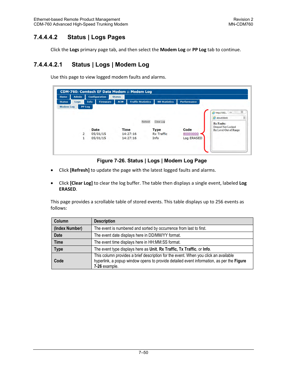 2 status | logs pages, 1 status | logs | modem log | Comtech EF Data CDM-760 User Manual | Page 208 / 416