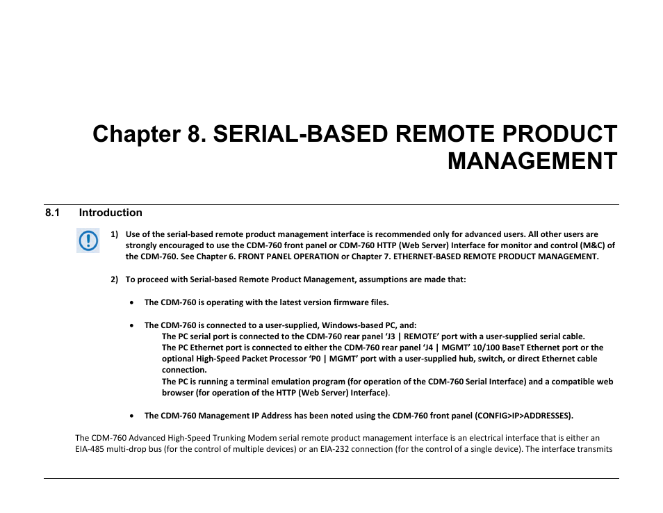 Chapter 8. serial-based remote product management | Comtech EF Data CDM-760 User Manual | Page 235 / 416