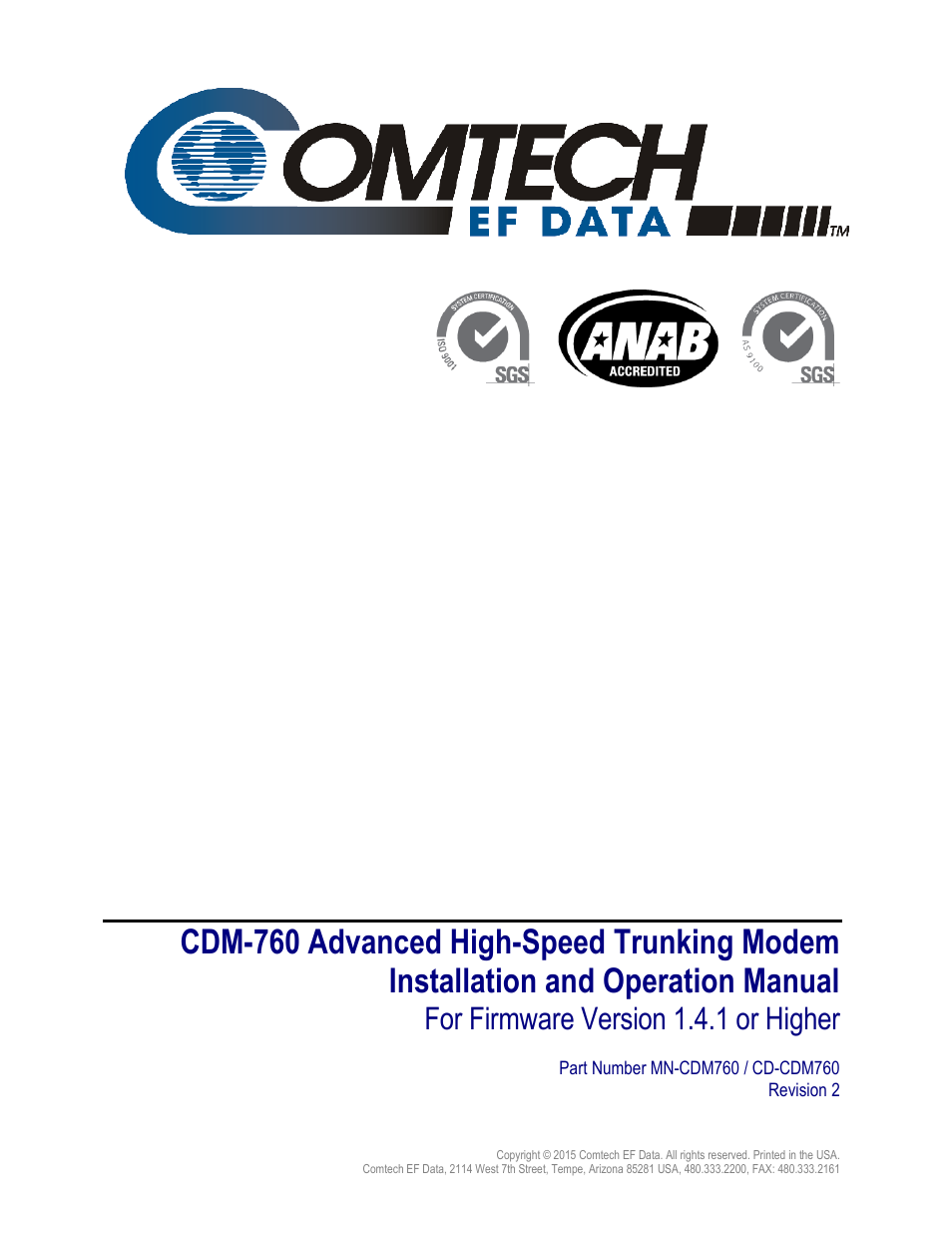 Inside cover, Cdm-760, For firmware version 1.4.1 or higher | Comtech EF Data CDM-760 User Manual | Page 3 / 416