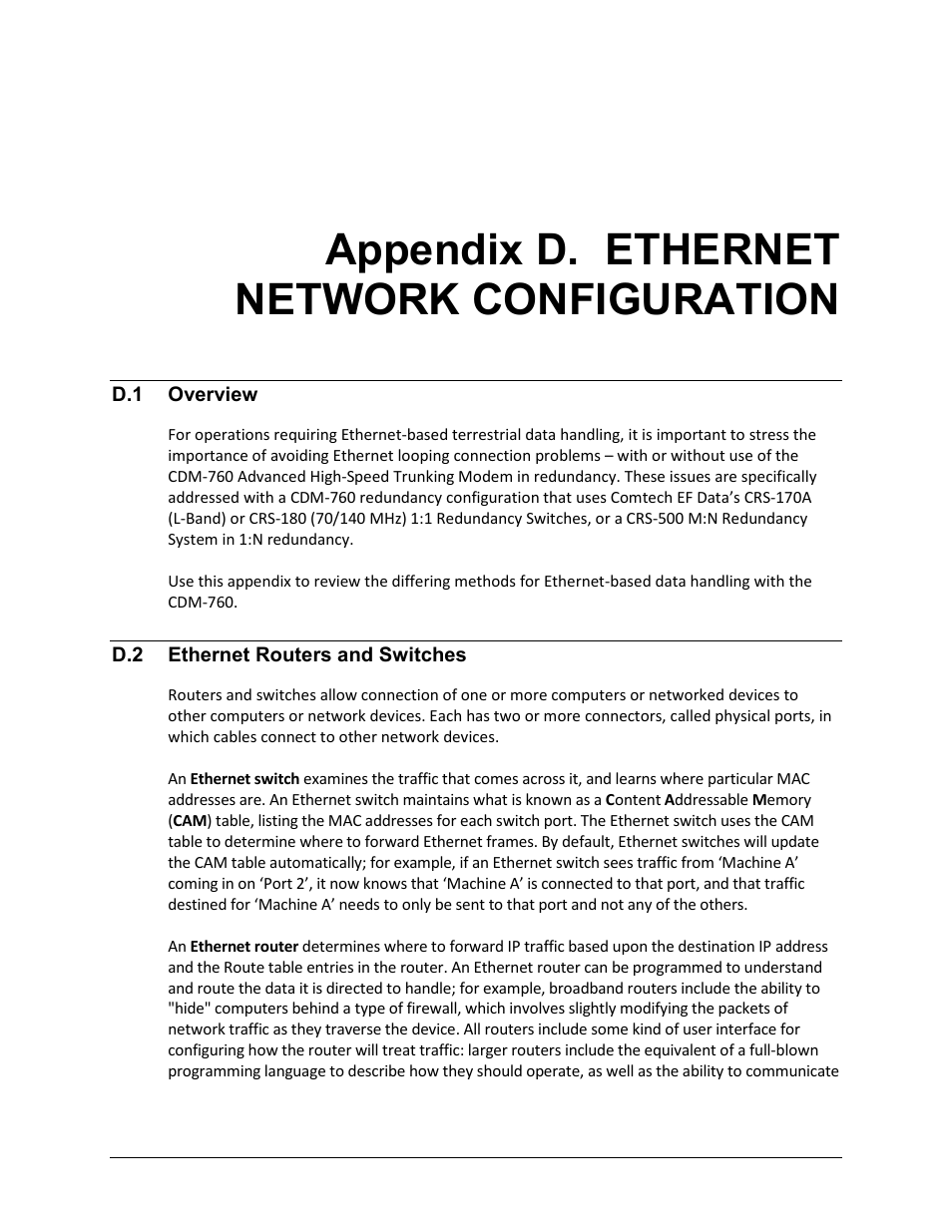 Appendix d. ethernet network configuration | Comtech EF Data CDM-760 User Manual | Page 305 / 416