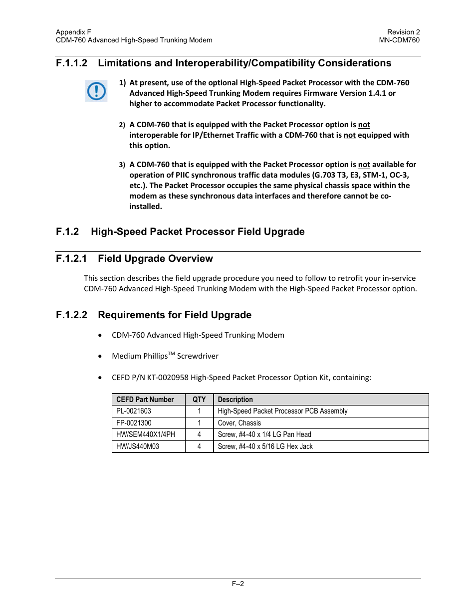 F.1.2.2 requirements for field upgrade | Comtech EF Data CDM-760 User Manual | Page 316 / 416