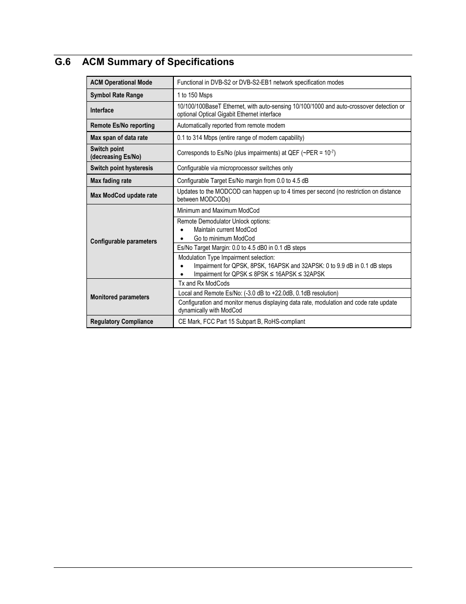G.6 acm summary of specifications | Comtech EF Data CDM-760 User Manual | Page 365 / 416