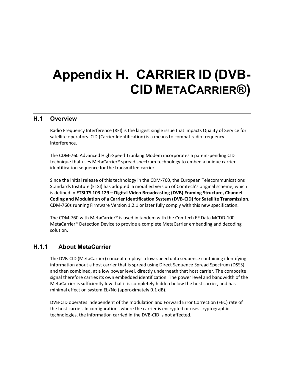 Appendix h. carrier id (dvb-cid metacarrier), Appendix h. carrier, Dvb- cid | Arrier | Comtech EF Data CDM-760 User Manual | Page 367 / 416