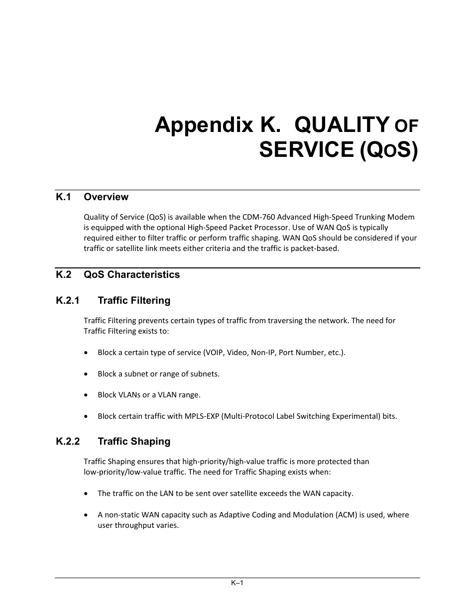 Appendix k. quality of service (qos), Appendix k. quality, Service | Comtech EF Data CDM-760 User Manual | Page 401 / 416