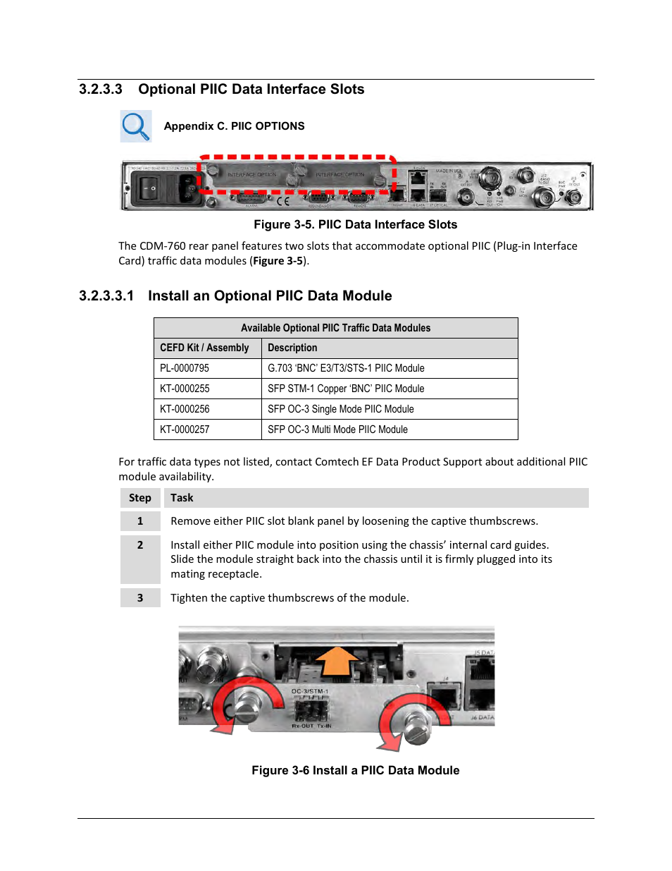 3 optional piic data interface slots, 1 install an optional piic data module | Comtech EF Data CDM-760 User Manual | Page 59 / 416