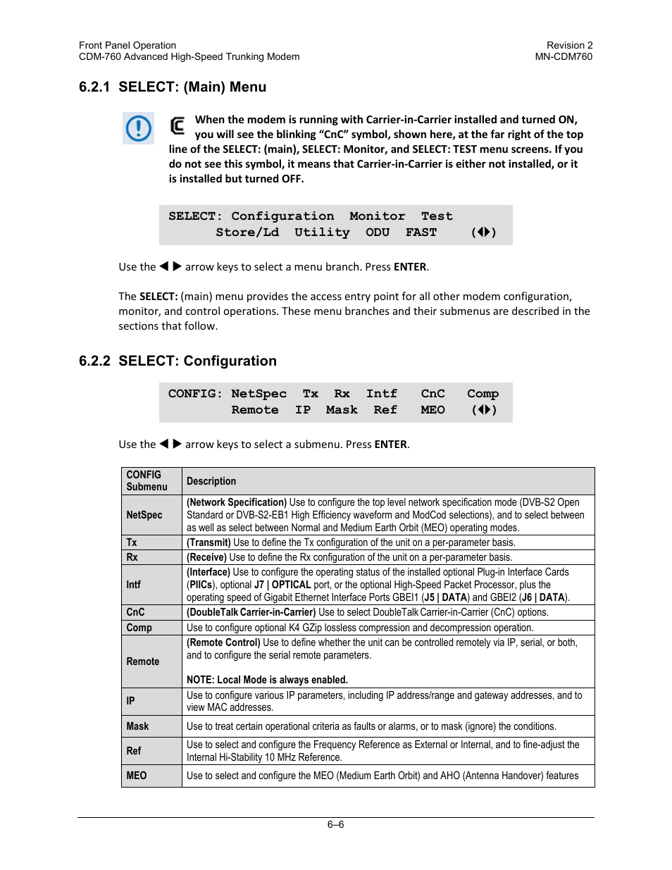 1 select: (main) menu, 2 select: configuration | Comtech EF Data CDM-760 User Manual | Page 92 / 416