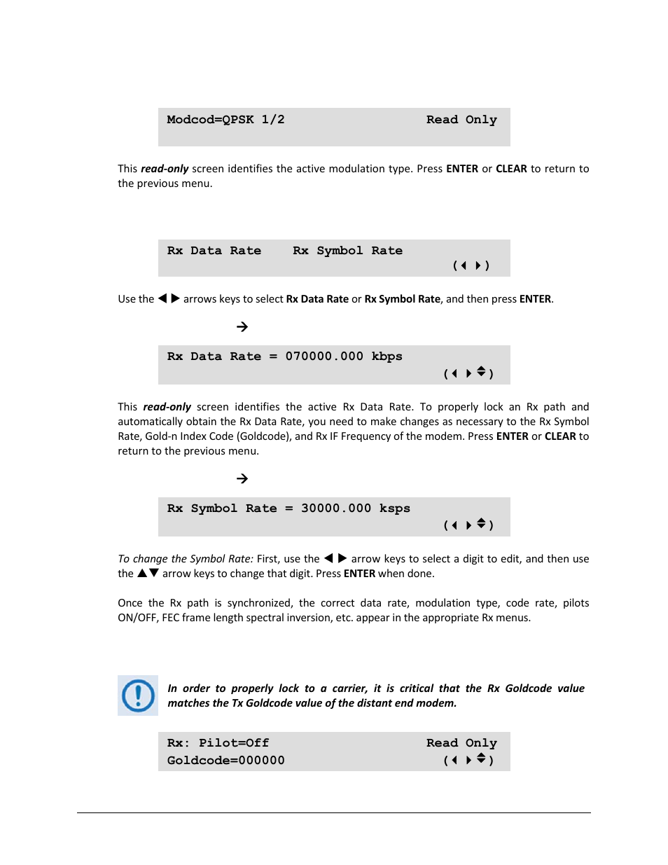 4 (config) rx: mod (modulation), 5 (config) rx: data, 6 (config) rx: pilot | Comtech EF Data CDM-750 User Manual | Page 105 / 302