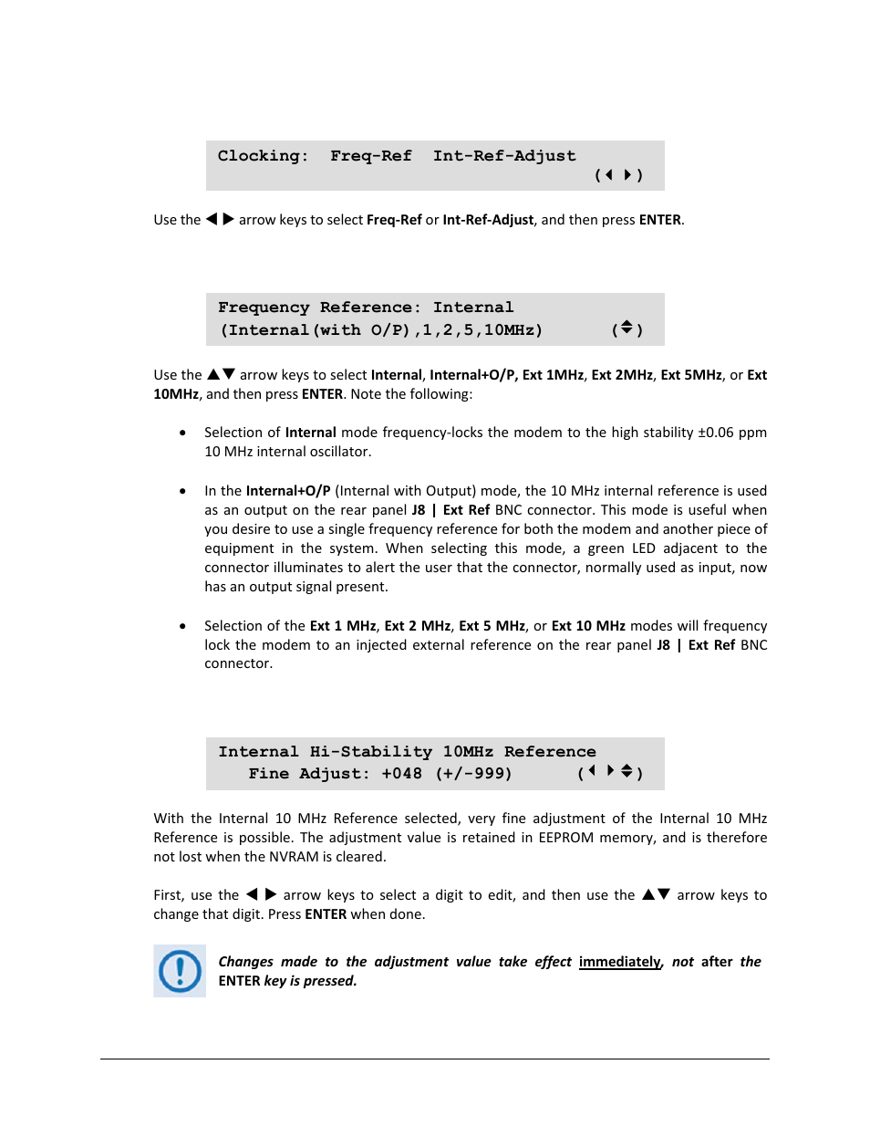 4 config: clocks, 1 (config) clocking: freq-ref, 2 (config) clocking: int-ref-adjust | Comtech EF Data CDM-750 User Manual | Page 107 / 302