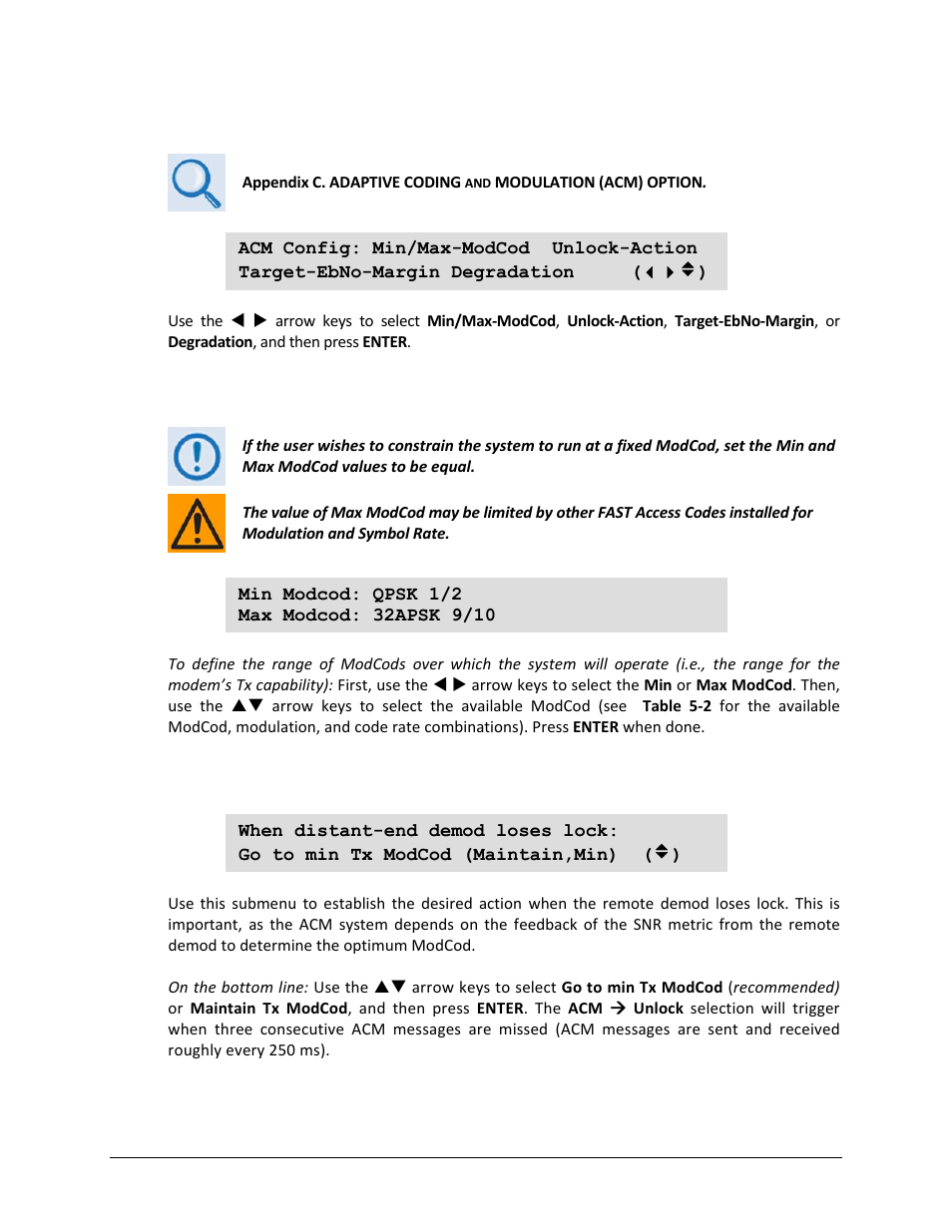 5 config: acm (adaptive coding and modulation), 1 (config) acm config: min/max-modcod, 2 (config) acm config: unlock-action | Comtech EF Data CDM-750 User Manual | Page 108 / 302