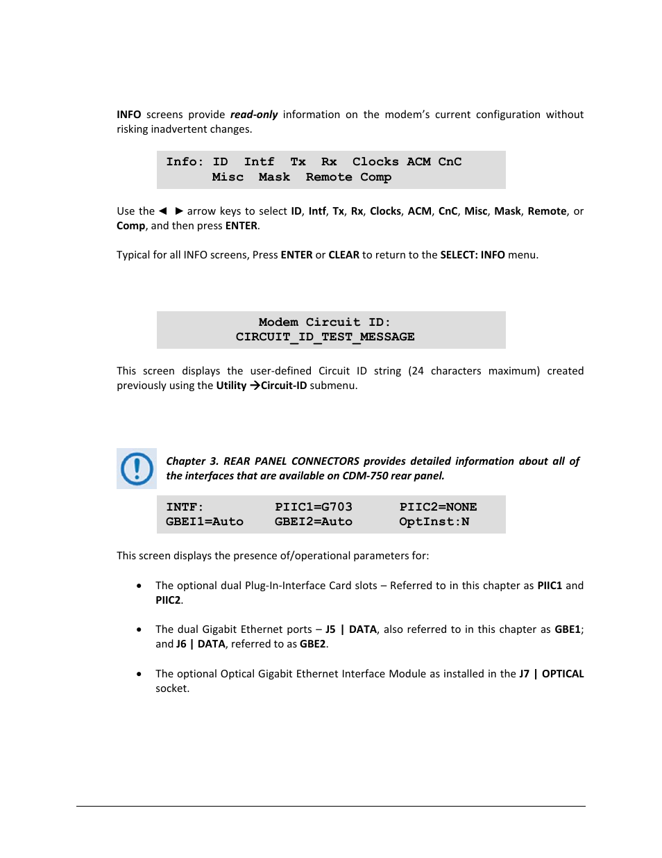 5 select: info (information), 1 info: id, 2 info: intf | Comtech EF Data CDM-750 User Manual | Page 130 / 302